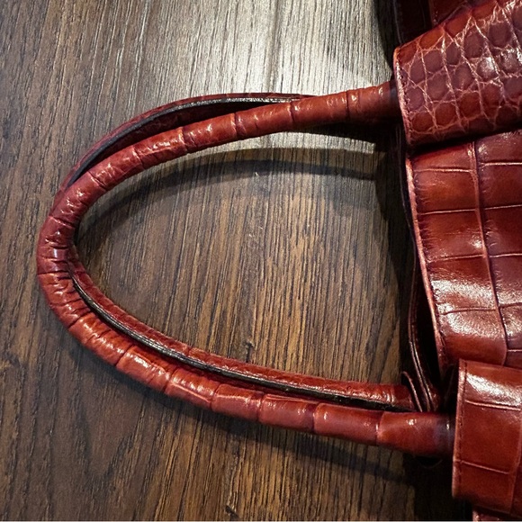 Furla Crocodile Embossed Leather 2 Handles Satchel Handbag Purse Tote Burgundy - Picture 8 of 17